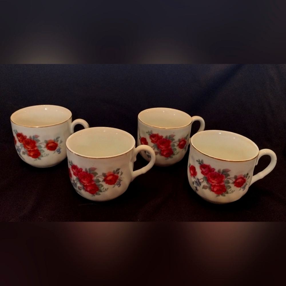 Rare Vintage 1940's Germany Roses and Forgot Me Not Coffee Cups Set of 4